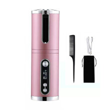 (Pink) Cordless Hair Curler Automatic Hair Curlers Rechargeable Curling Iron with Temperatures and Timer Settings
