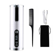 (White) Cordless Hair Curler Automatic Hair Curlers Rechargeable Curling Iron with Temperatures and Timer Settings