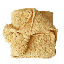 (Yellow) Solid Color Chenille Knit Blanket with Fringe Tassels, Cable Knitted Throw Blanket for All Seasons, Soft Cozy Lightweight Throws