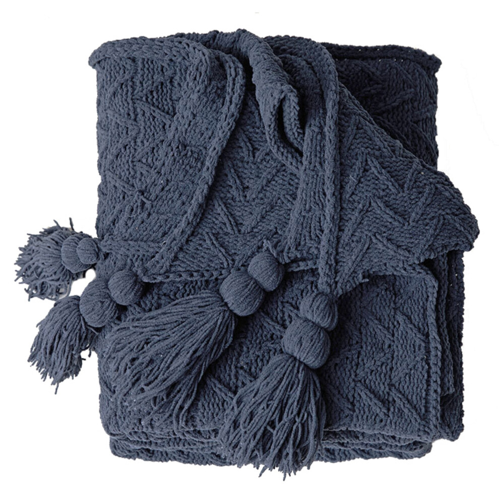 (Navy Blue) Solid Color Chenille Knit Blanket with Fringe Tassels, Cable Knitted Throw Blanket for All Seasons, Soft Cozy Lightweight Throws-image-OPC-PH8XXMF-NEW
