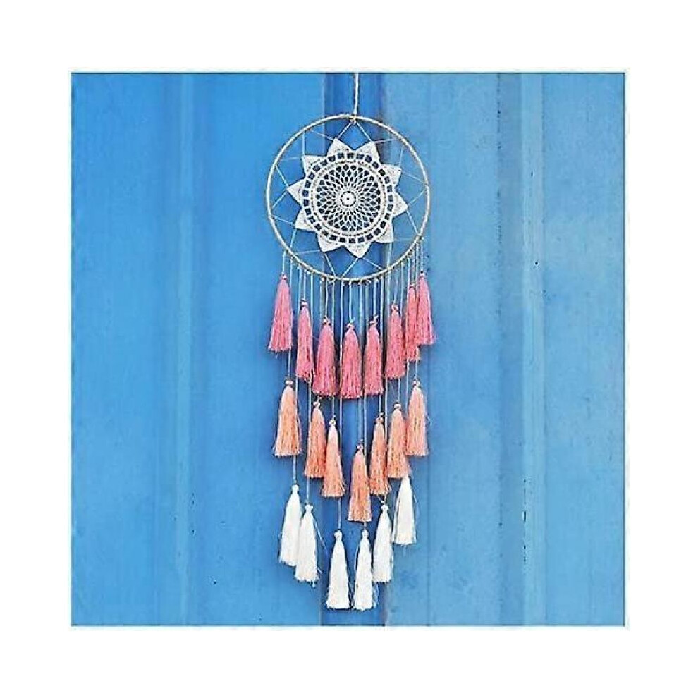 Macramé Dream Catcher For Bedroom - Wall Hanging With Tassels And Feathers (Pink) Pink