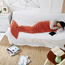 (Orange, 90x195cm) Mermaid Tail Blanket for Girls, All Seasons Soft Colorful Fish Scale Design Snuggle