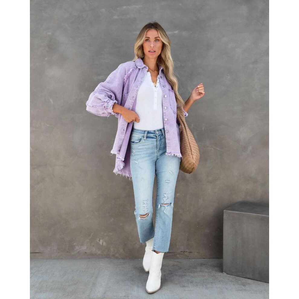 (light purple, L) Women's Summer European & American Tassel Hole Loose Denim Jacket