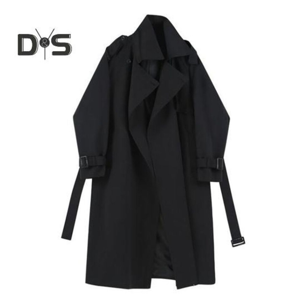 (black, XL) Women Windbreaker Turn-down Collar Loose Pure Color Coat Long Sleeves Belt Decor Overcoat Mid Length with Pockets Windproof Lady Jacket
