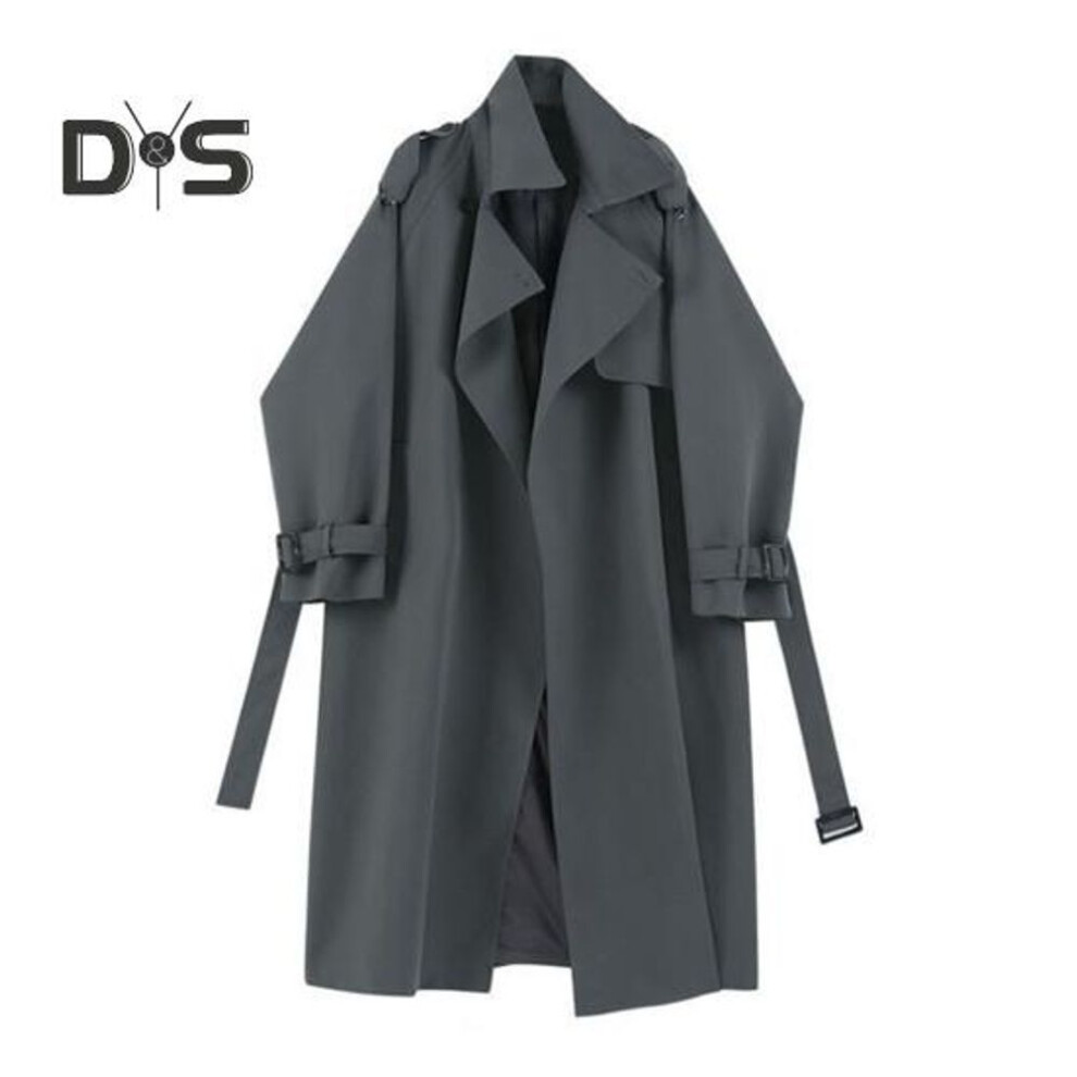 (grey, M) Women Windbreaker Turn-down Collar Loose Pure Color Coat Long Sleeves Belt Decor Overcoat Mid Length With Pockets Windproof Lady Jacket