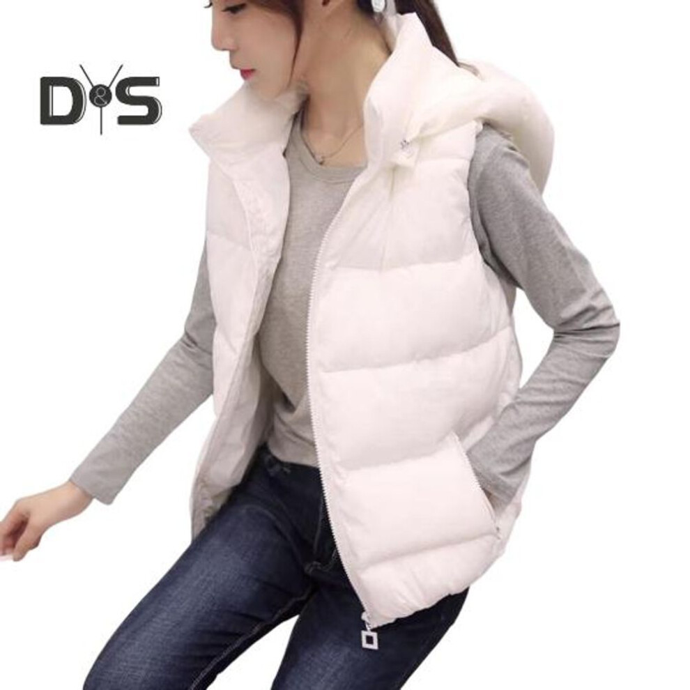 (white, XXL) Women Winter Cotton Coat Hooded Neck Protection Thickened Padded Detachable Hood Short Type Windproof Zipper Pocket Zip-up Waistcoat