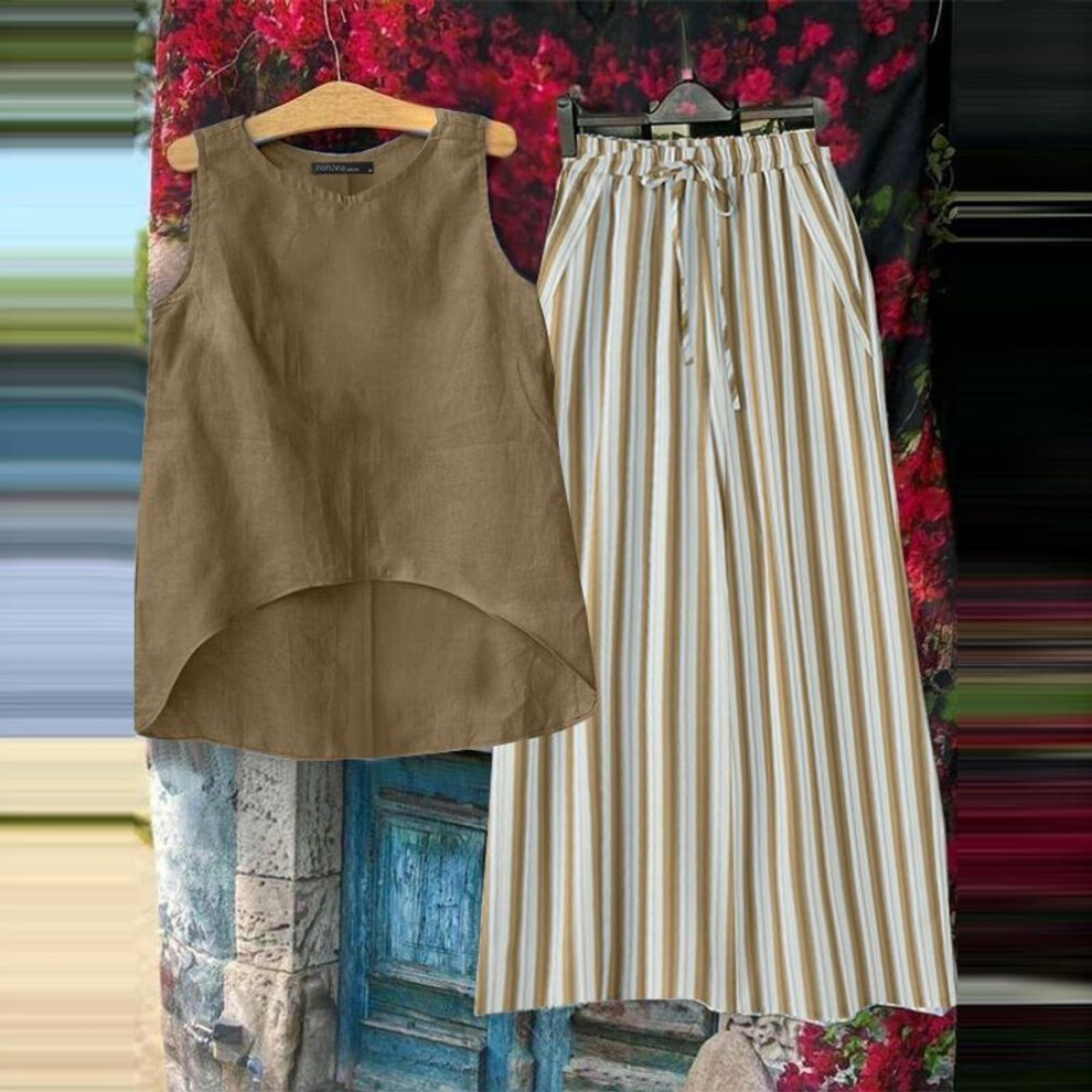 (brown, 4XL) ZANZEA Women Summer Round Neck Sleeveless Vest Pocket Stripe Wide Leg Pants Sets