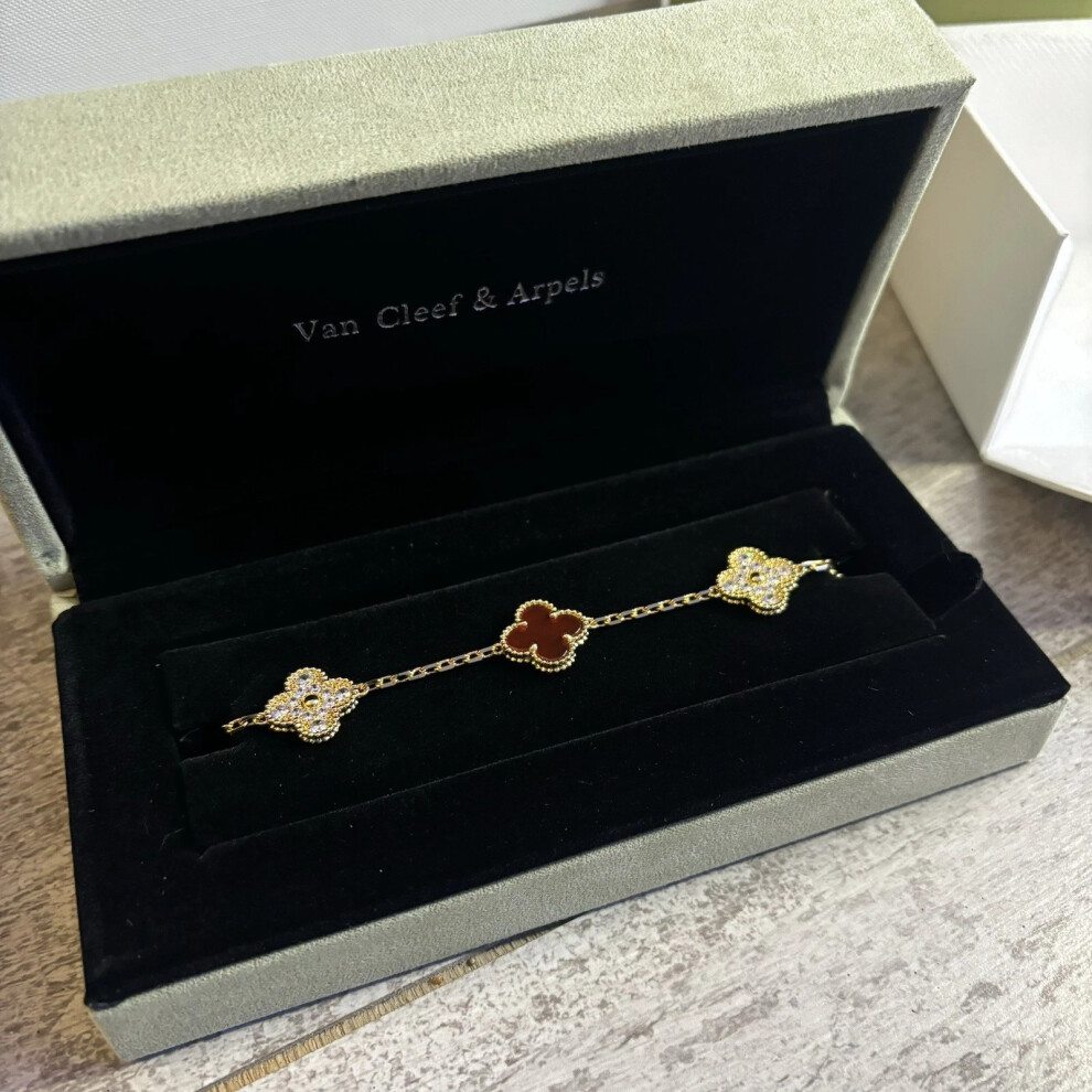 Van Cleef Arpel Bracelet Vintage Alhambra 5 Motifs Gold Red & Diamond Bracelet