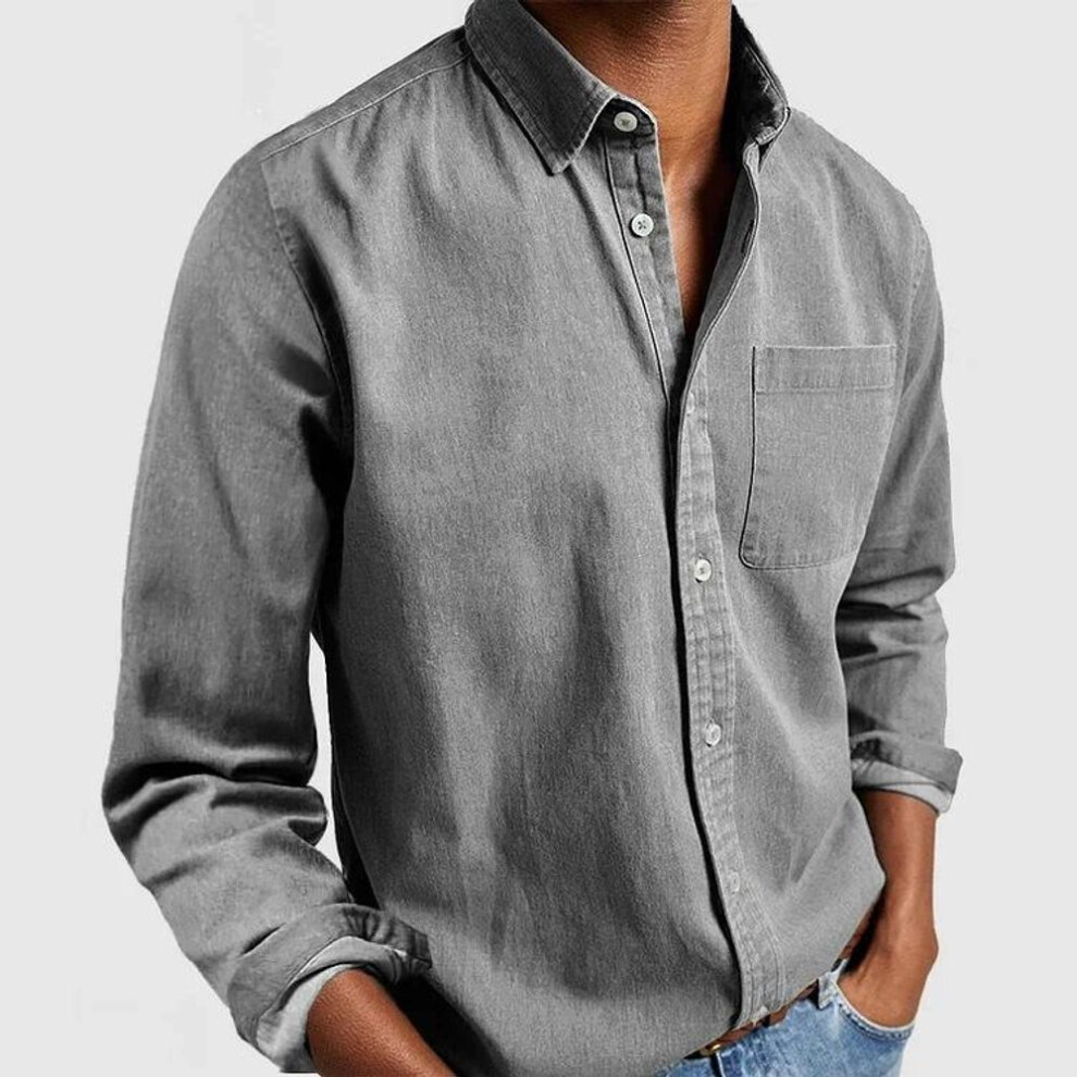 (XXL, gray) Men's Long Sleeve Shirt Casual Vintage Turn-down Collar Shirts