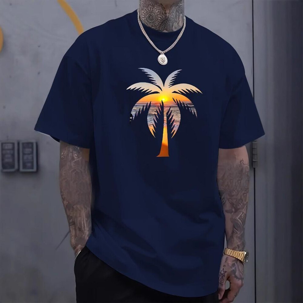 (navy blue, S) Summer Men's Short Sleeve T-shirt Loose Comfortable Fashion Breathable Tropical Palm Print Men's Cotton Short Sleeve T-shirt