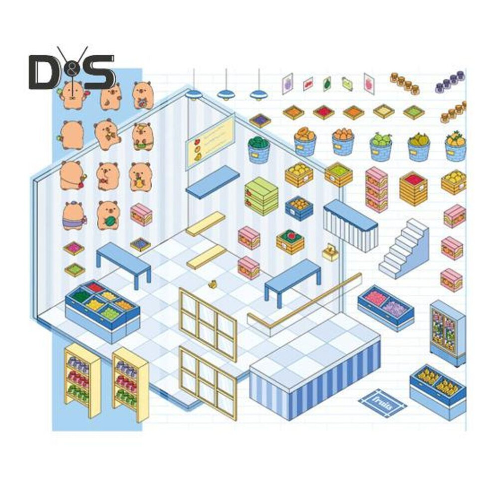 (as the picture, H) 1/8Pcs DIY 3D House Stickers Phone/Laptop Cartoon Miniature Scene Decals Dessert Shop Bookstore Stickers