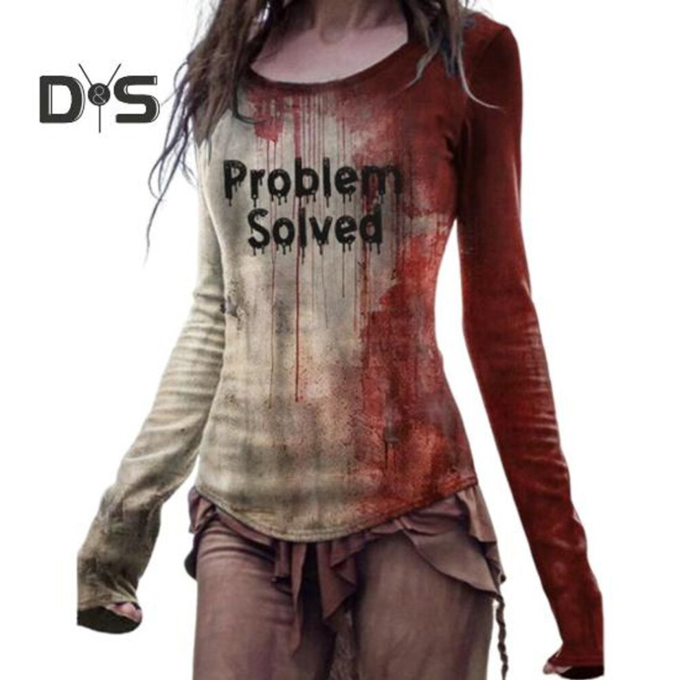 (M B, as the picture) Halloween Women T-shirt Round Neck Long Sleeve Horror Shirt Blood Print Sweatshirt Halloween Lightweight Slim Fit Sport Tops