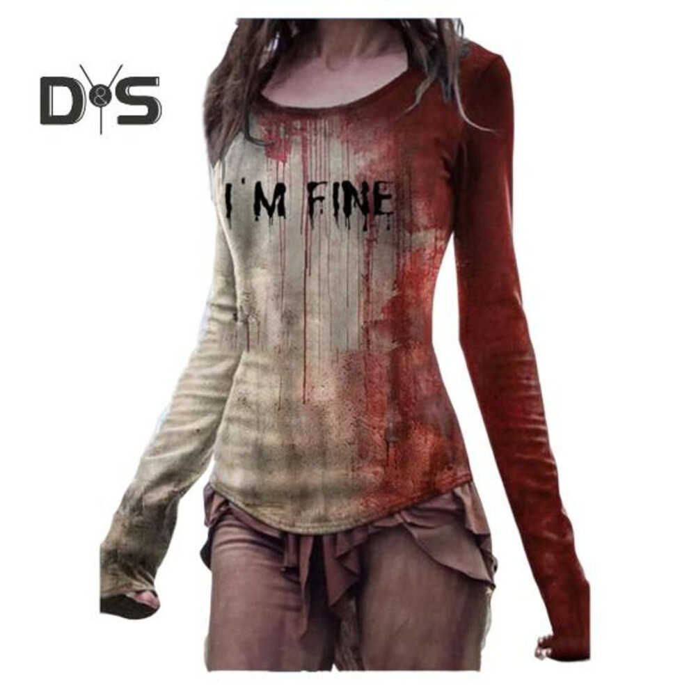 (M A, as the picture) Halloween Women T-shirt Round Neck Long Sleeve Horror Shirt Blood Print Sweatshirt Halloween Lightweight Slim Fit Sport Tops
