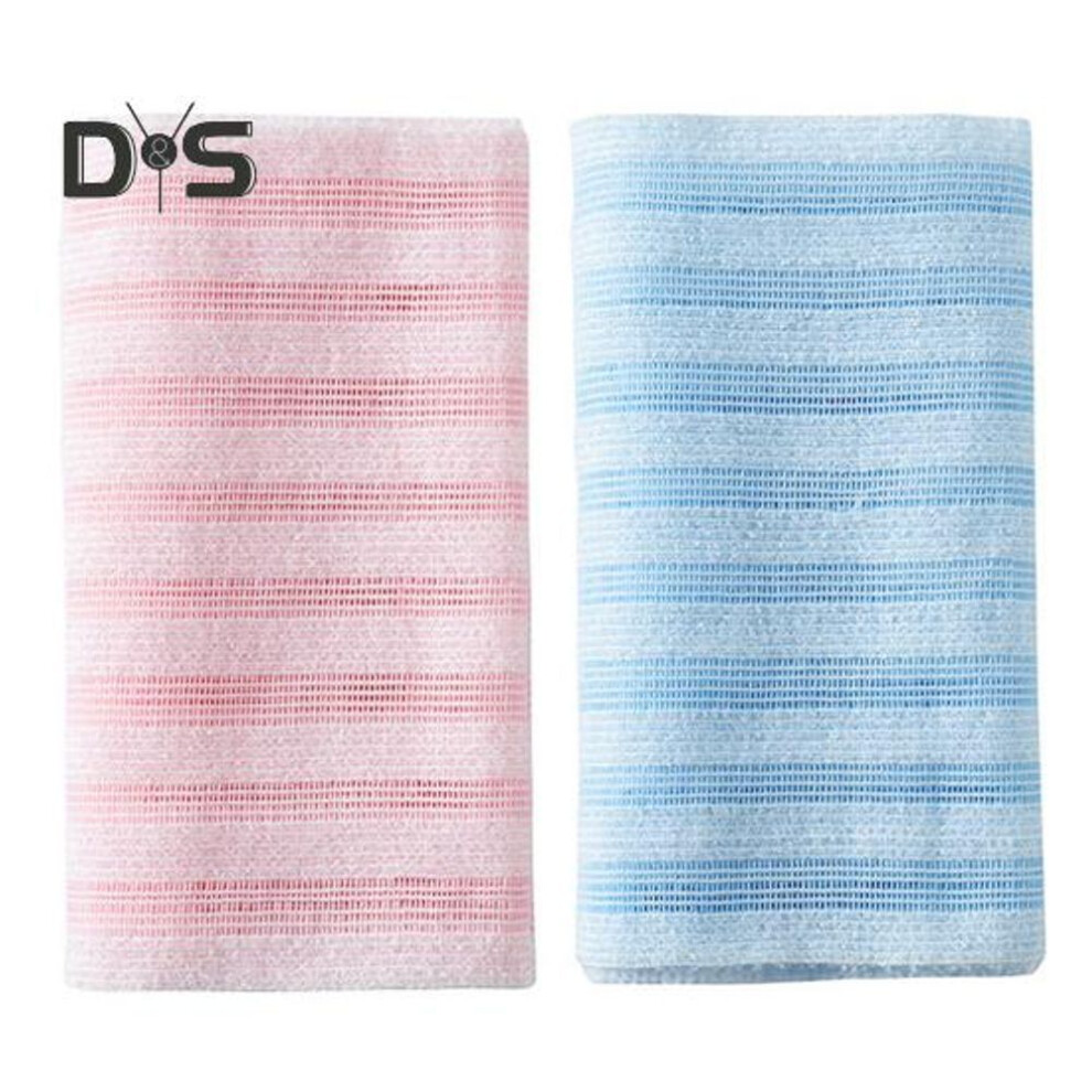 (blue,pink) 2Pcs Exfoliating Shower Towel Bath Towel with Foaming Net Long Strip Design Back Scrubbing Quick-Drying Wipes Handle Shower Scrubber