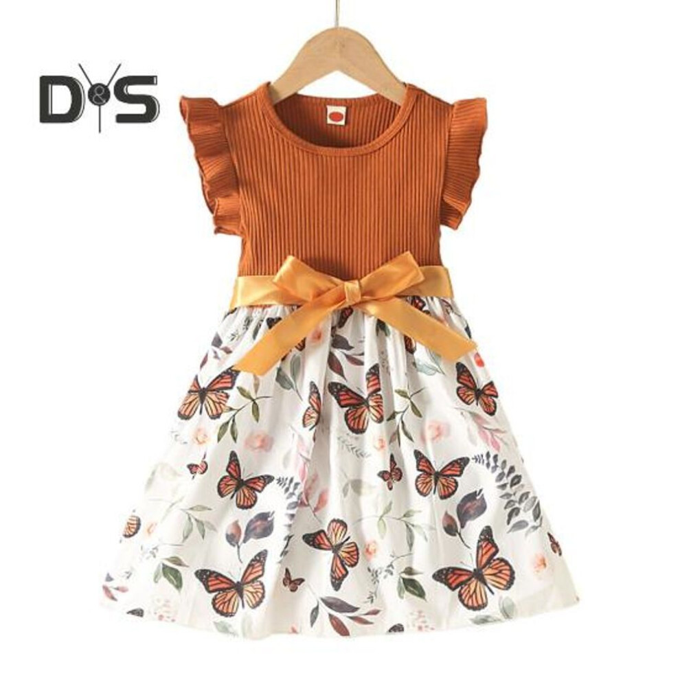 (brown, 5 Years) Girl Ribbed Butterfly Dress Set 2-Piece Fly Sleeve Outfit with Adjustable Belt Waist Pleats Girl Dress Casual Beach Outfits for Beach Party Wear