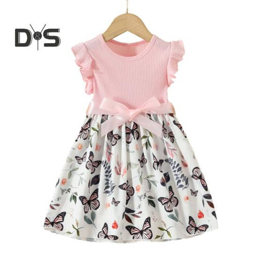 (pink, 4 Years) Girl Ribbed Butterfly Dress Set 2-piece Fly Sleeve Outfit With Adjustable Belt Waist Pleats Girl Dress Casual Beach Outfits For Beach Party Wear