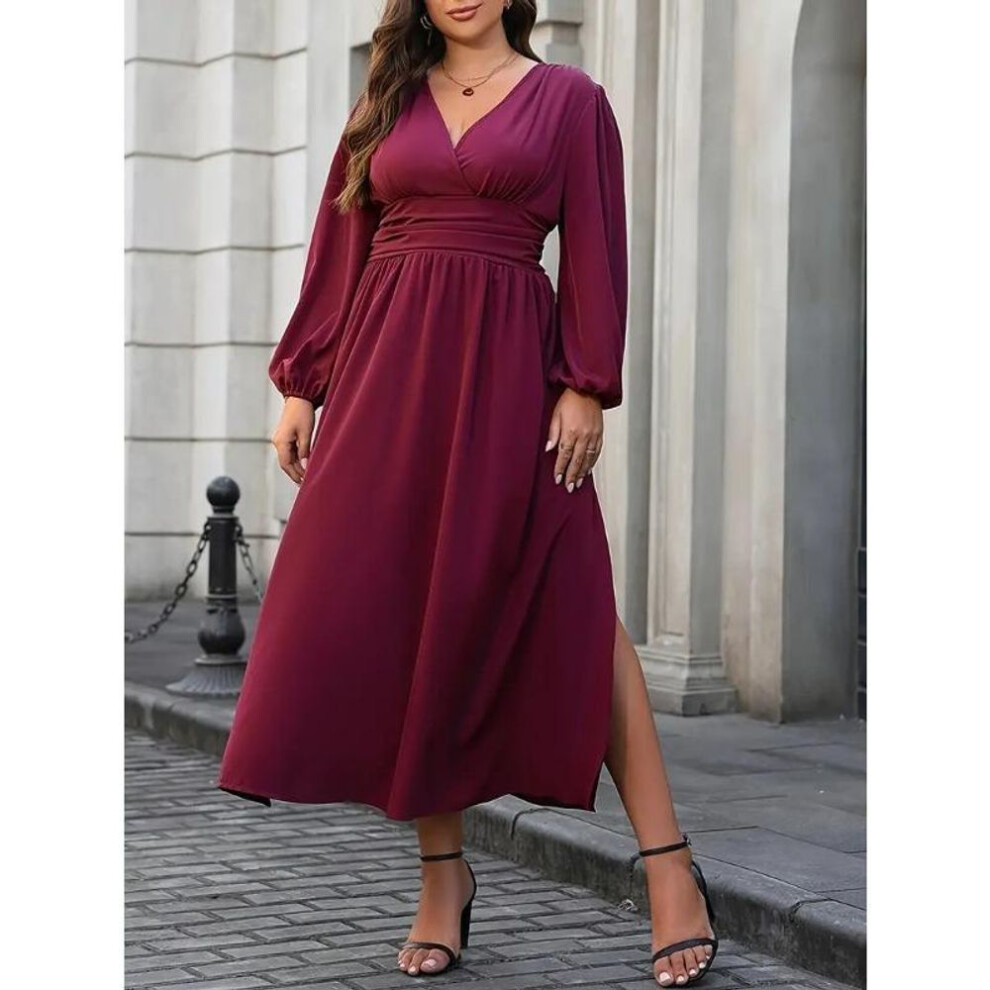 (burgundy, 4XL) Plus Size Women's New Autumn Fashion Lantern Sleeve Dress