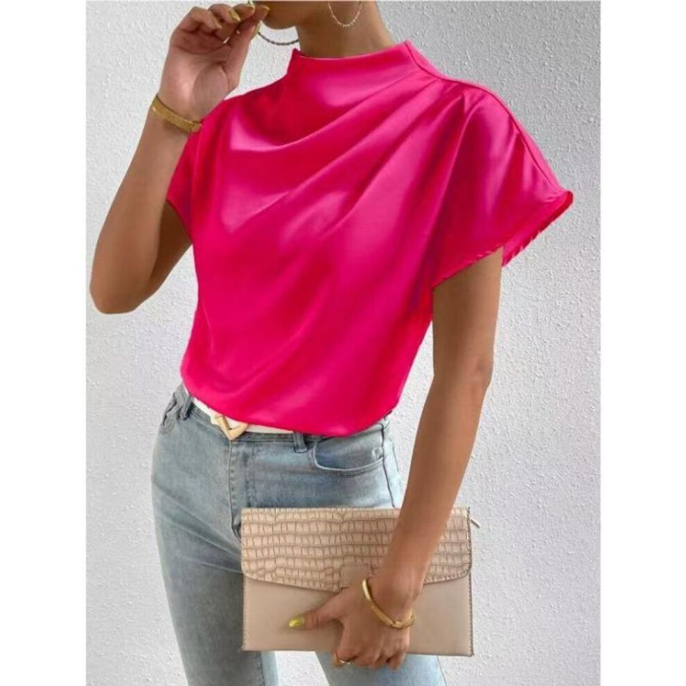 (S, rose red) Women's Summer Fashion New Crew Neck Short Sleeved Top