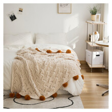 (Beige) Solid Color Chenille Knit Blanket with Pompoms, Cable Knitted Throw Blanket for All Seasons, Soft Cozy Lightweight Throws