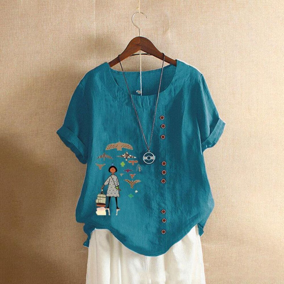 (S, dark green) 2025 Cotton Women's Clothing Retro Casual Loose Cotton and Linen Short Sleeved T-shirt Cotton and Linen Women's Clothing Large