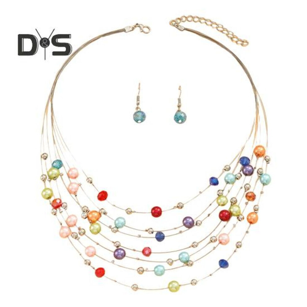 1 Set Lady Necklace Earrings Set Multi-layered Colorful Faux Pearl Bohemian Adjustable Length Faux Crystal Hook Earrings Party Prom Neck Ear Jewelry