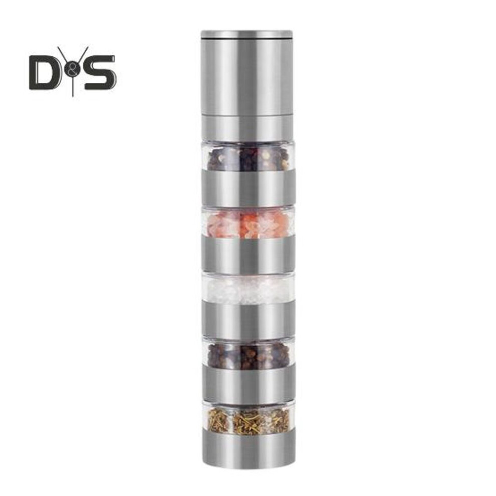 Spice Grinder Stainless Steel Portable Travel Spice Kit 5-in-1 Modular Spice Containers Salt And Pepper Grinder for Camping Kitchen Travel Outdoors