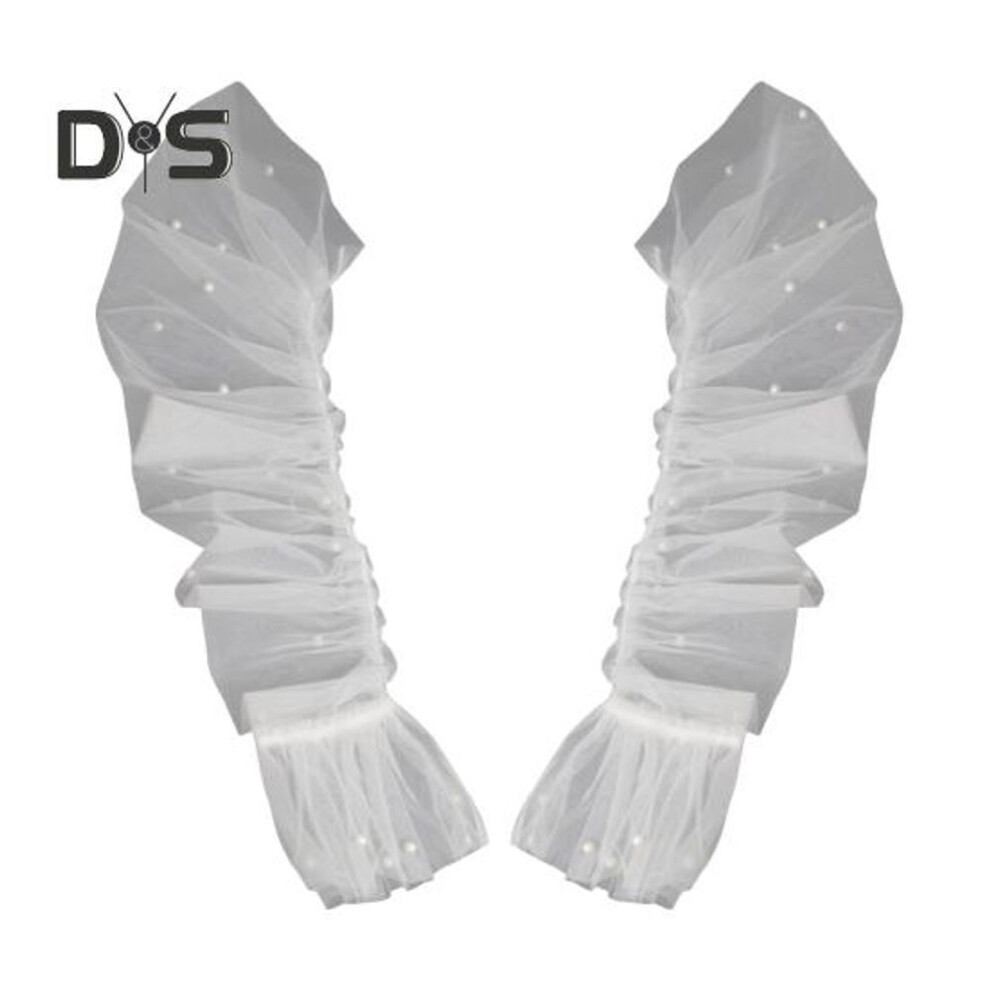 1 Pair Women Prom Arm Covers See-through Lace Faux Pearl Decor Thin Ruffle Pleated Fingerless Literary Style Performances Bride Wedding Photo Prop