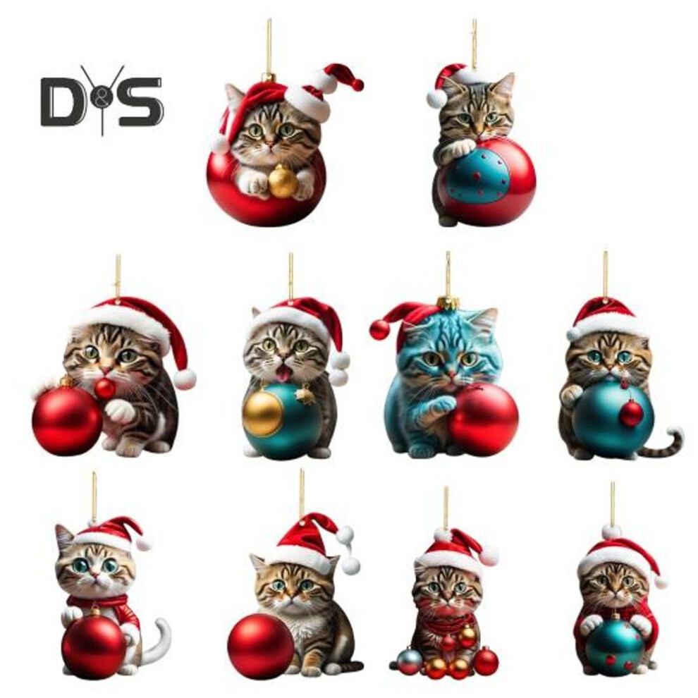 10 Pcs Christmas Ornaments Cartoon Cat With Santa Hat Acrylic Pendants 2d Flat Hanging Decoration For Car Rearview Mirror Tree Window