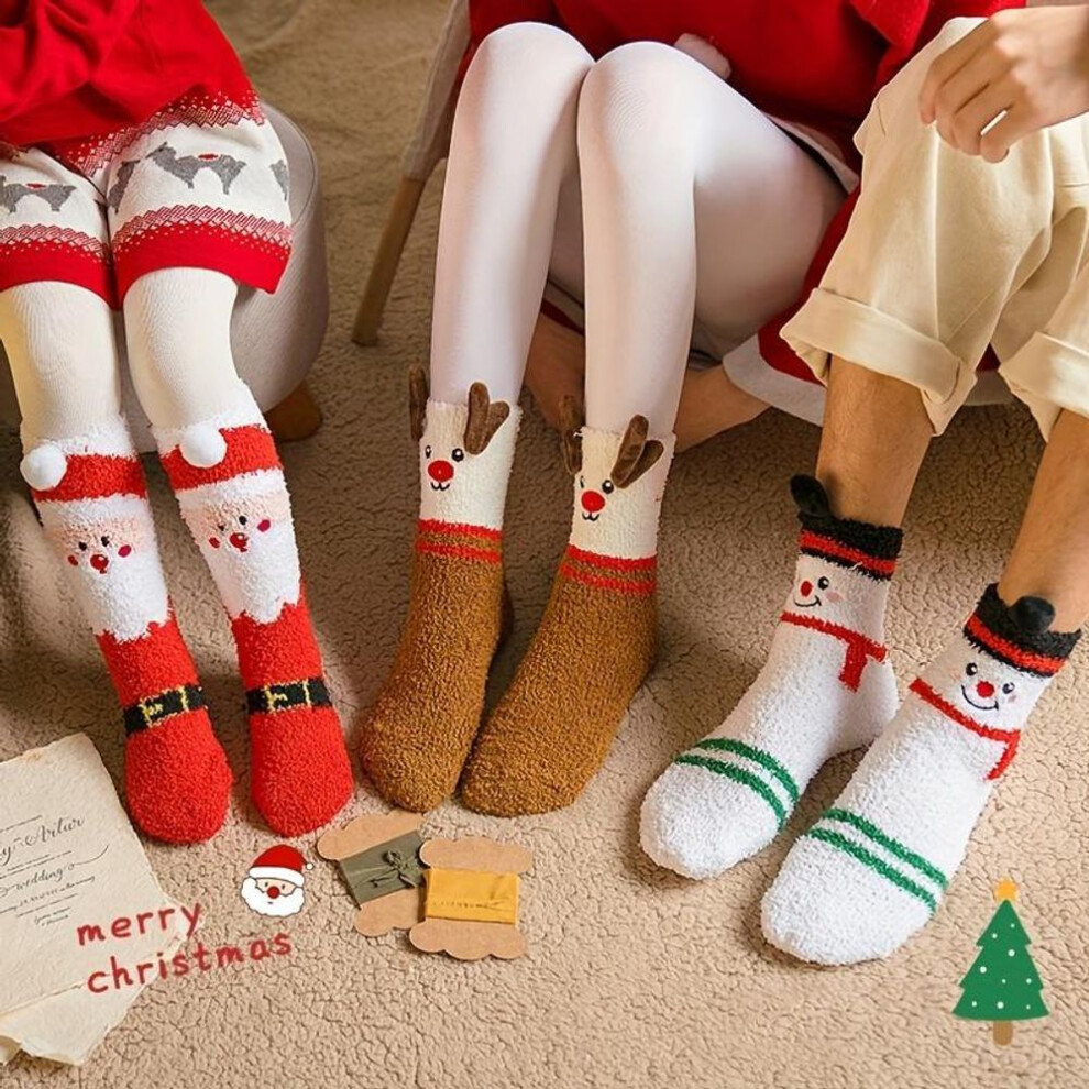 Thick Christmas Socks 3 Pairs- Reindeer & Santa Claus Cartoon Tubes For Autumn & Winter Warmth, Soft And Comfortable