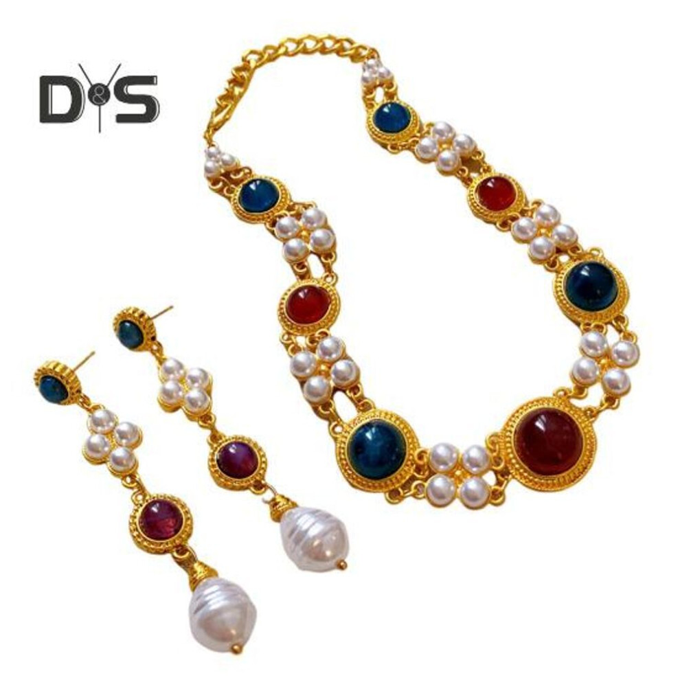 2 Pcs/set Women Jewelry Set Faux Pearl Double-layered Thick Chain Earrings Exaggerated Retro Royal Style Geometric Stone Necklace Set Formal Banquet