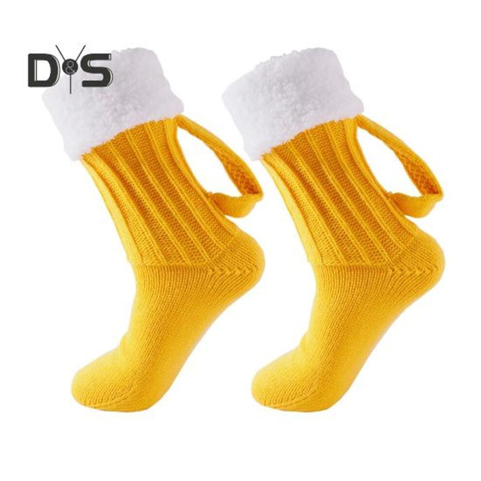 1 Pair Beer Mug Socks Thick Plush Knitted Winter Floor Socks Mid-tube Keep Warm Anti-slip Carnival Holiday Beer Festival Socks