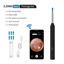 YW12 Noir - Nettoyeur d'oreilles sans fil avec caméra 3 mm 1080p HD, 360 degres de vision anti-cérumen, IP67, thermostat max 35 C, kit 11 pieces
