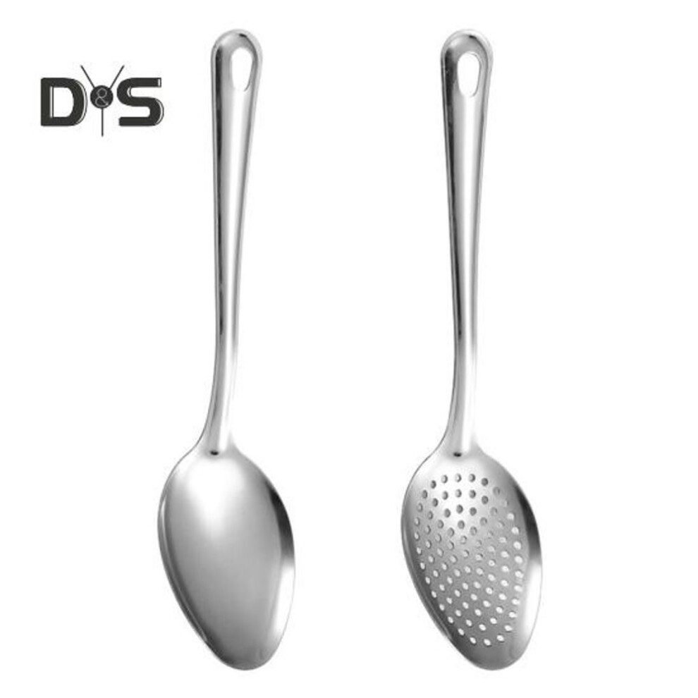 2Pcs Long Handle Slotted Spoon Set Stainless Steel Serving Spoons 10" Solid Spoon & Slotted Spoon Rust-Proof Kitchen Buffet Supply