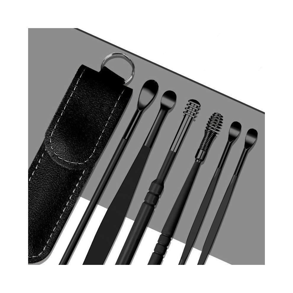 (Noir-A) 6 pièces en acier inoxydable bâtonnet d'oreille cuillère de nettoyage d'oreille bâton d'oreille