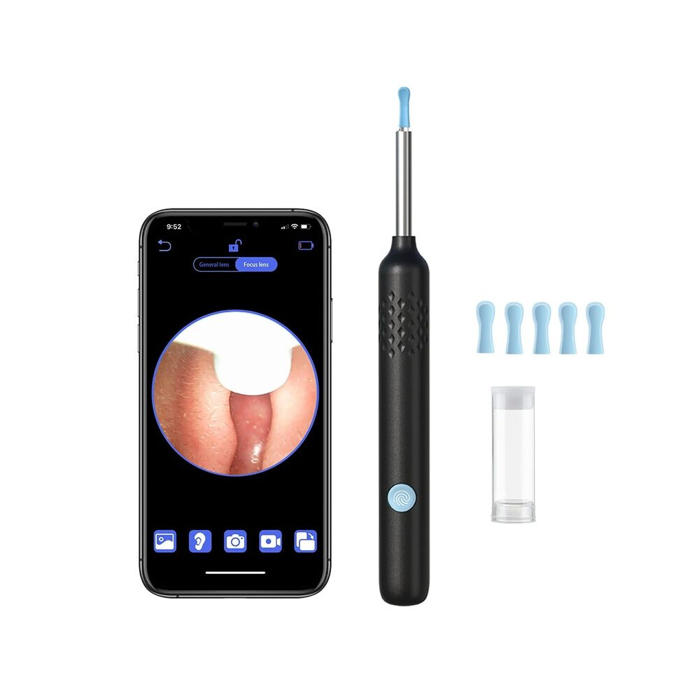 (N3 Pro Noir) Nettoyeur d'oreilles visuel avec caméra Otoscope à cuillère auriculaire en silicone 8MP