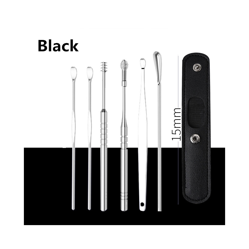 (Noir-2) Lot de 6 bâtonnets d'oreille en cuir PU, cure-oreille, cuillère de nettoyage, cure-oreille