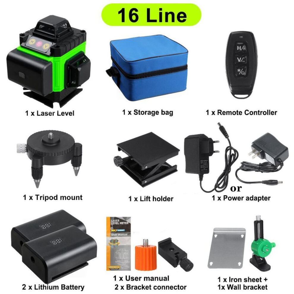 16 Lines 4d Green Laser Level With 2 Batteries Self Leveling Wireless Remote Control 360 Horizontal Vertical Cross Wall Bracket