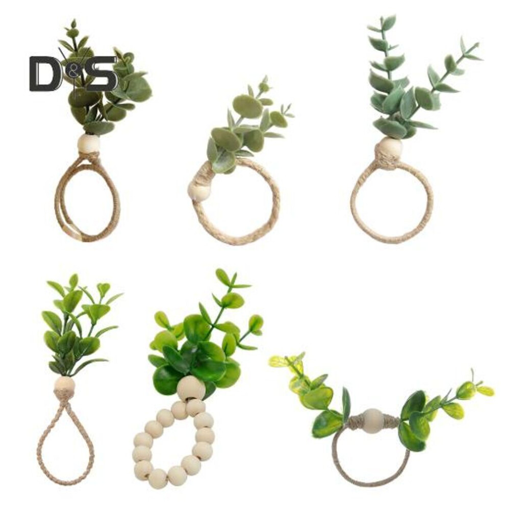 6 Pcs Napkin Buckles Fake Leaf Rope Decor Wooden Bead Bohemian Table Decoration Napkin Rings Rustic Wedding Party Holiday Dining Accents Napkin