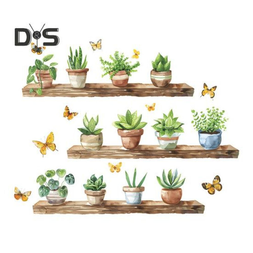 Potted Cactus Shelf Wall Sticker Removable Waterproof Pvc Self-adhesive Home Office Living Room Kids Bedroom Green Plant Wall Art Decoration Decal