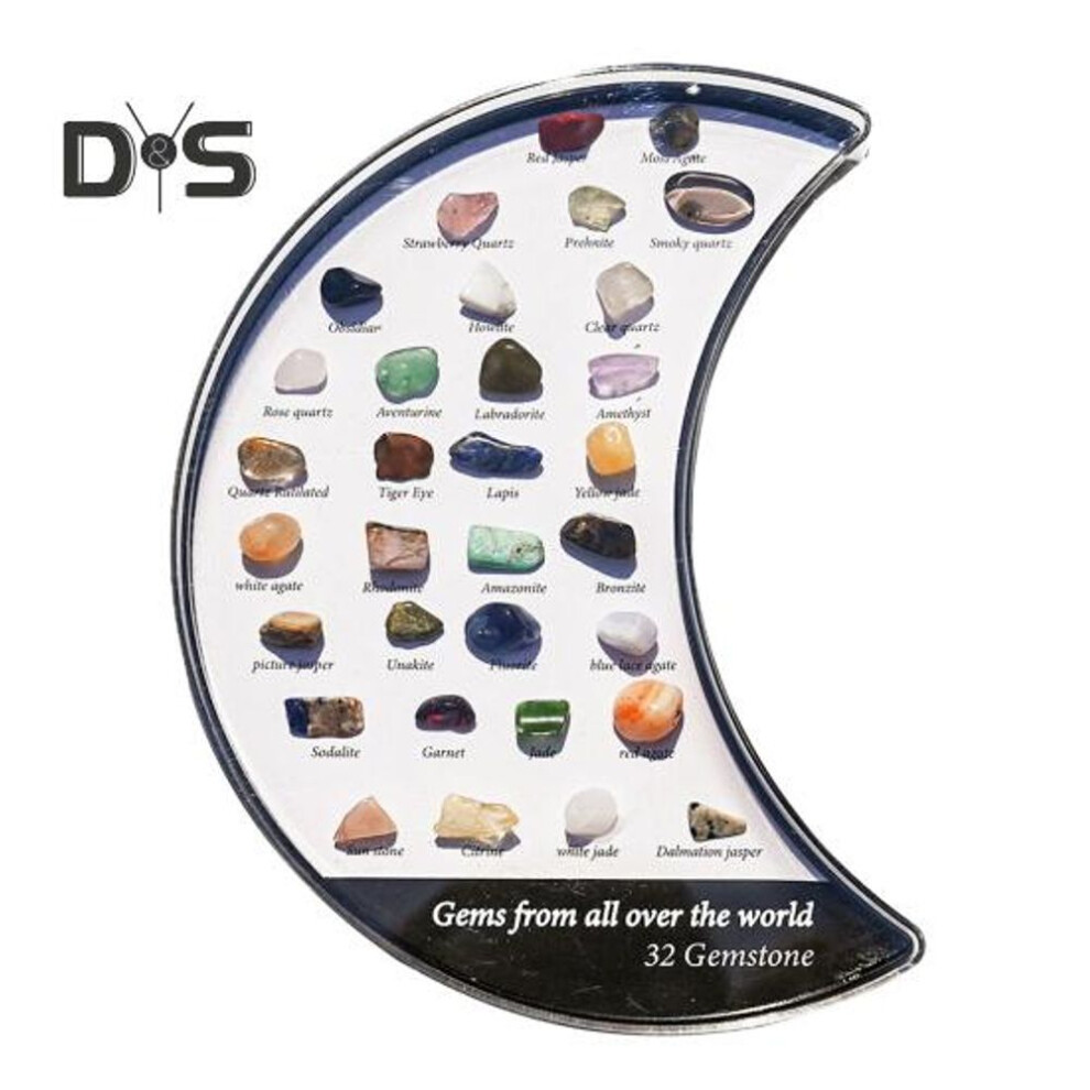 Moon Shape Natural Stone Box 32 Assorted Faux Gemstone Kit Educational Kids Mineral Stone Learning Display Acrylic Case Stone Collector Gift