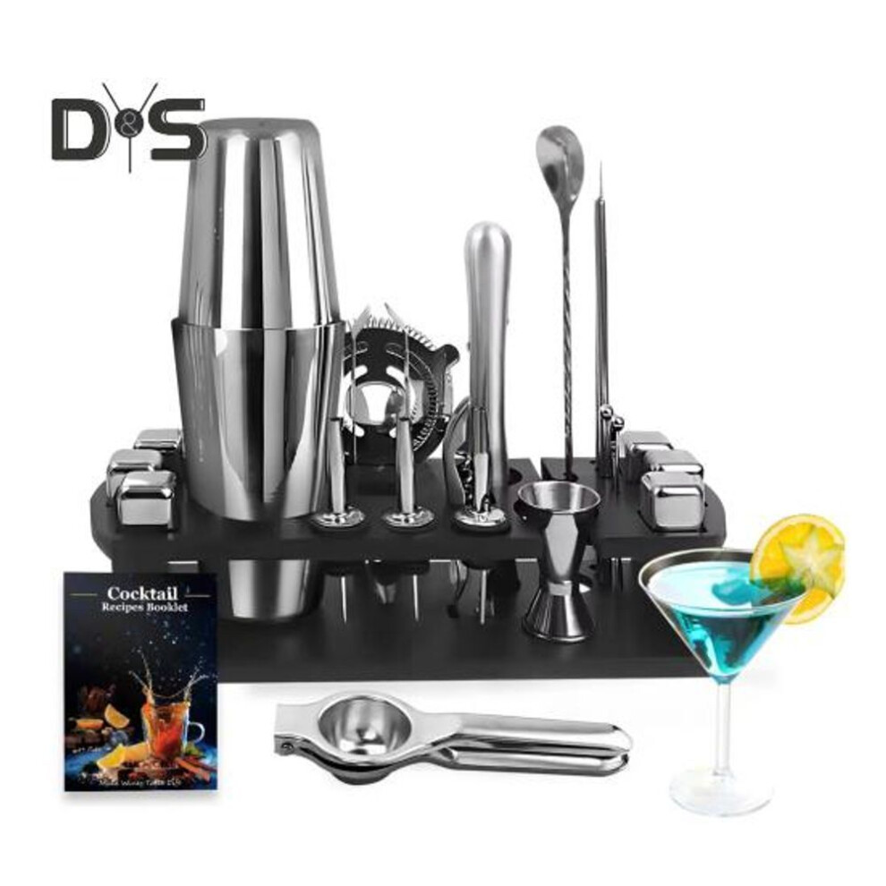 23pcs Bartender Kit With Stand Silver Cocktail Shaker Set For Drink Mixing Martini Shaker Jigger Strainer Mixer Spoon Tongs Opener Stainless Steel