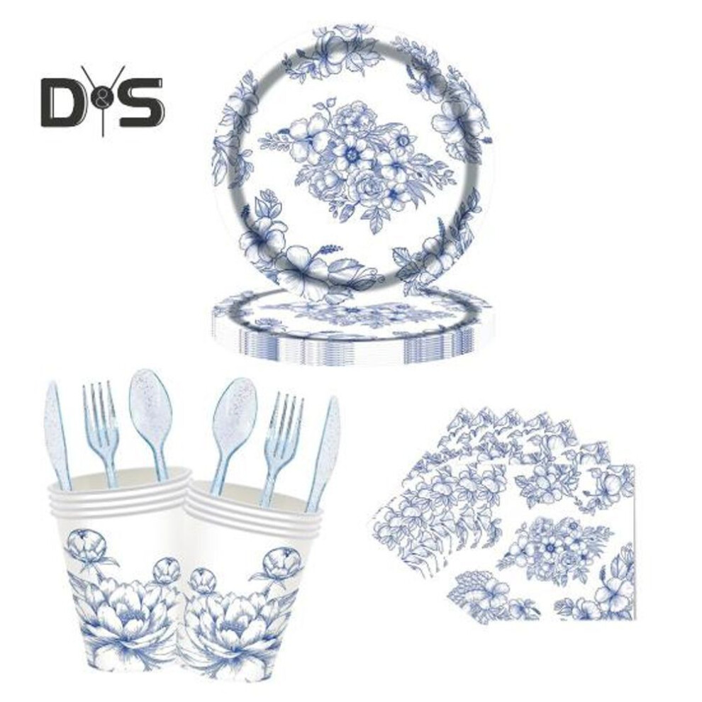 24pcs Disposable Dinner Plates Set Microwave-safe Blue Paper Plates With Forks Spoon Cup 7 Inch Heavy-duty Plates Cut-resistant Oil Water Resistant