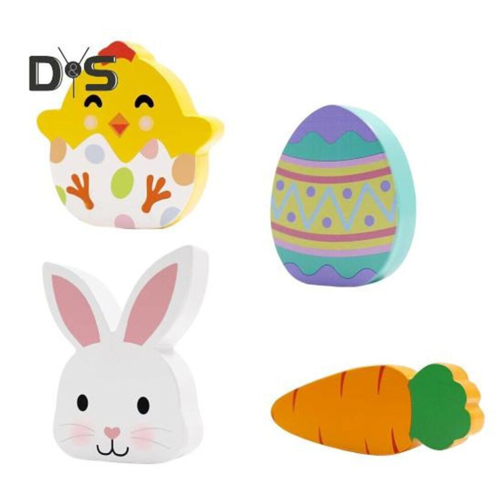 4pcs Easter Rabbit Ornaments Rustic Wooden Signs Decor For Home Farmhouse Tiered Tray Decorations Easter Table Ornaments Bunny Eggs Carrots Easter