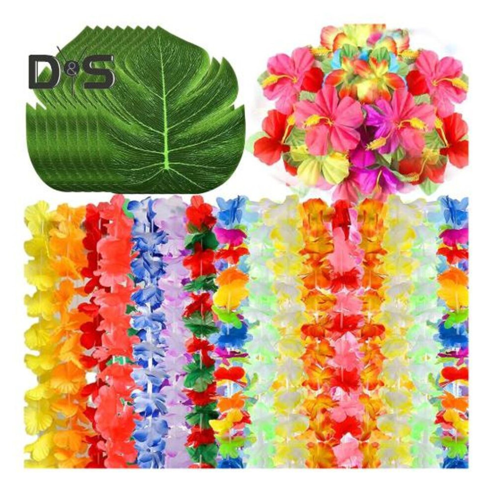 70 Pcs Hawaiian Leis Luau Party Decoration Artificial Tropical Palm Leaves Hibiscus Flowers Hula Dance Party Favors For Summer Beach Pool Party