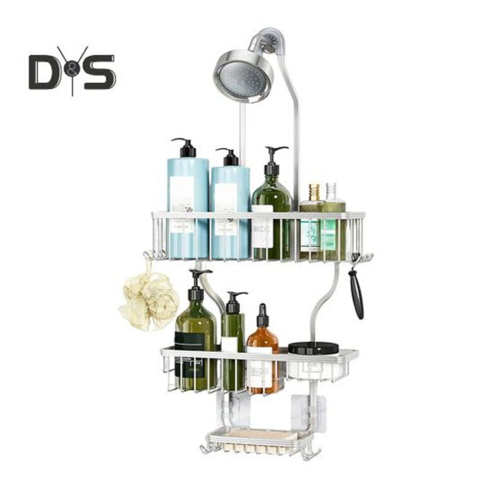 Bathroom Shelf Organizer With 3 Baskets Large Capacity Strong Load-bearing Simple Installation Shower Head Caddy With 6 Hooks