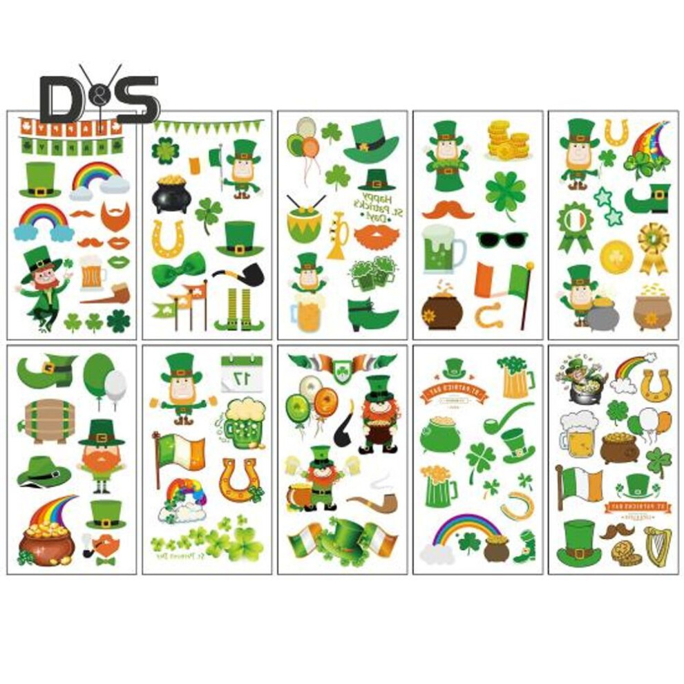 10 Pcs St. Patricks Day Children Body Tattoo Stickers Shamrock Pattern Cartoon Waterproof Green Hat Disposable Temporary Tattoo Clover Costume Party