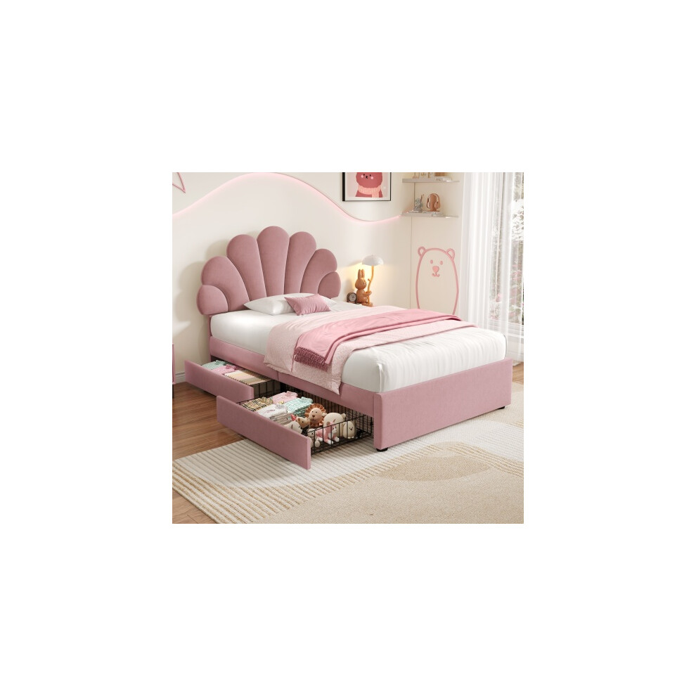 3ft Pink  Single Upholstered Bed with Adjustable Chic Soft Velvet Petal Headboard, 2 Storage Drawers