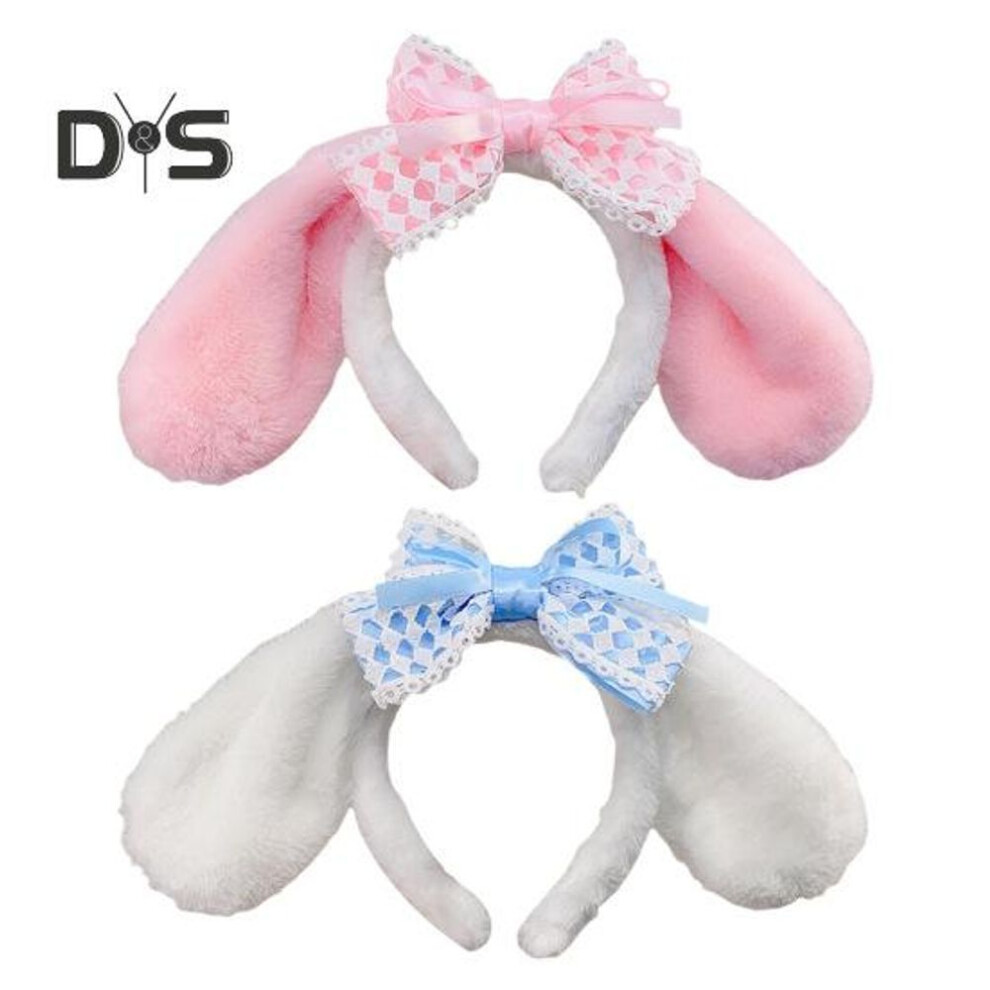 2Pcs Girls Headbands with Lace Bowknot Plush Animal Long Ears Decor Headband Costume Christmas Parties Fluffy Hair Accessories