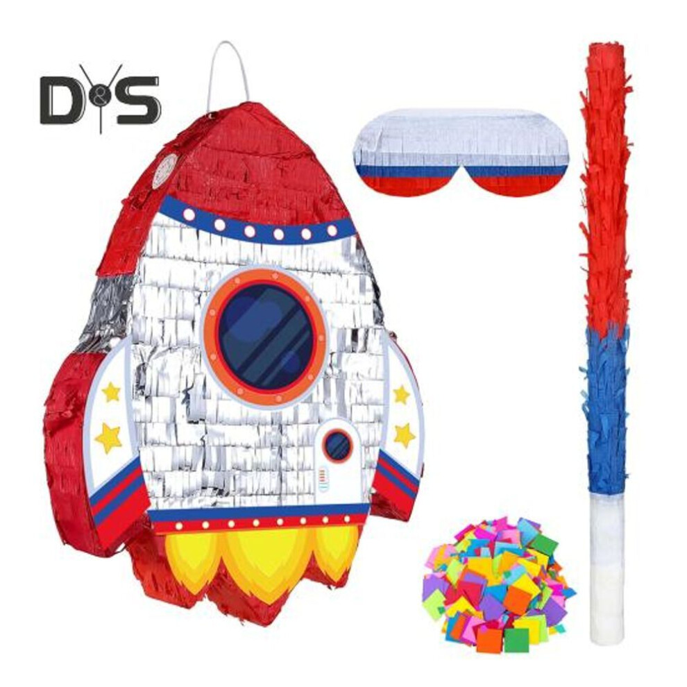 Pull String Rocket Ship Pinata Rocket Pinatas With Blindfold Bat Stick Confetti For Kids Space Themed Birthday Party Supplies