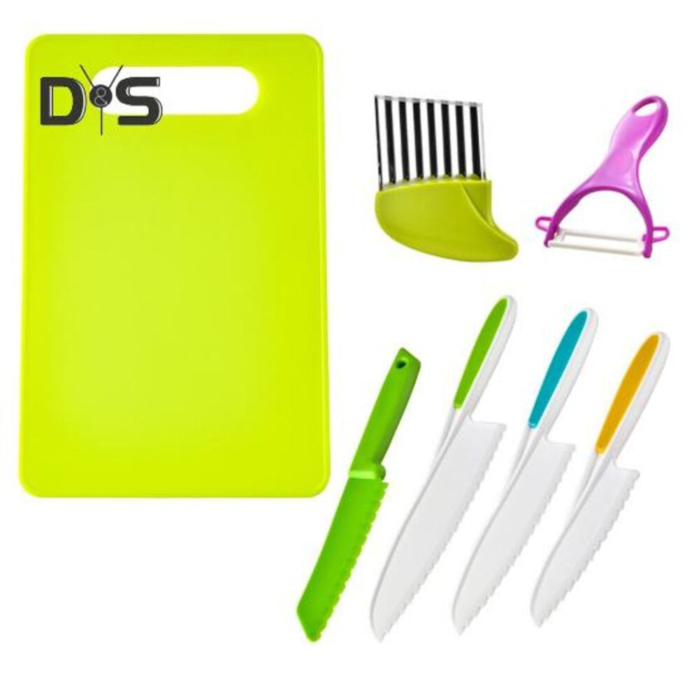 7pcs/set Kids Cutter Kit With Fruit Vegetable Crinkle Cutter Peeler Chopping Board Toddlers Real Cooking Plastic Safe Cutter Kitchen Tools
